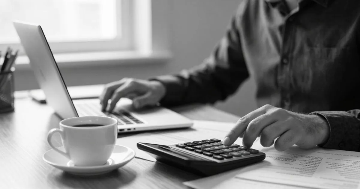 Autónomo revisando sus cuentas con calculadora y portátil