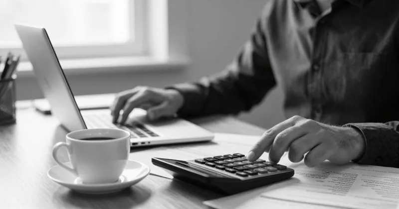 Autónomo revisando sus cuentas con calculadora y portátil