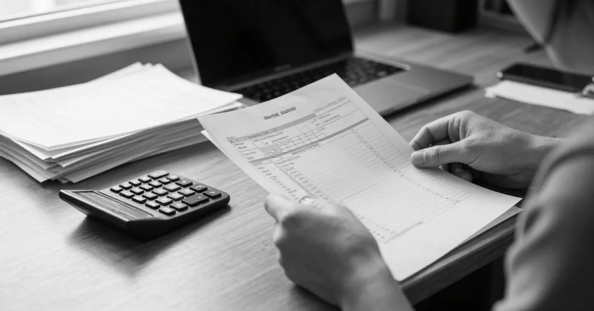 Autónomo revisando facturas y calculadora ante el ordenador