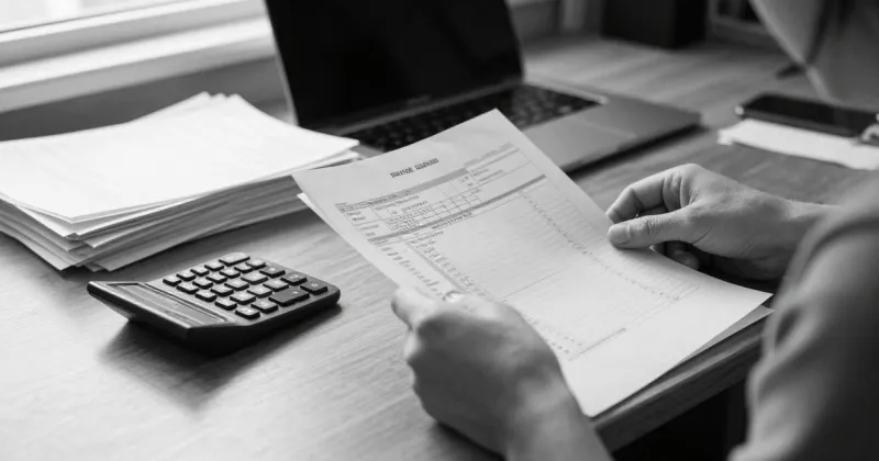 Autónomo revisando facturas y calculadora ante el ordenador