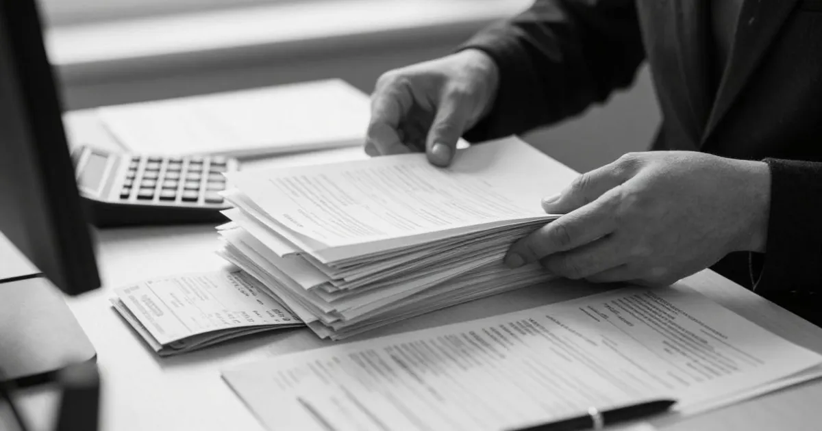 Autónomo organizando facturas y documentos fiscales del trimestre