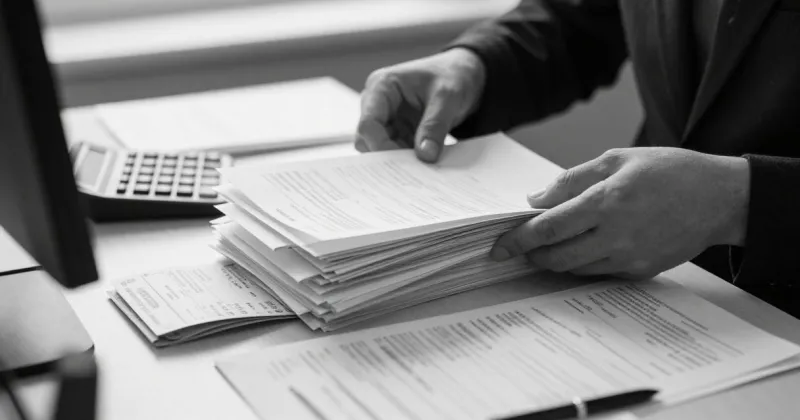 Autónomo organizando facturas y documentos fiscales del trimestre