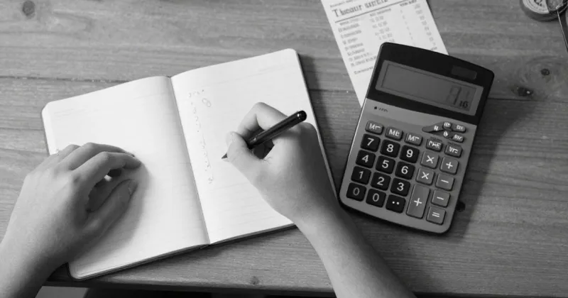 Manos haciendo cálculos en una libreta junto a una calculadora